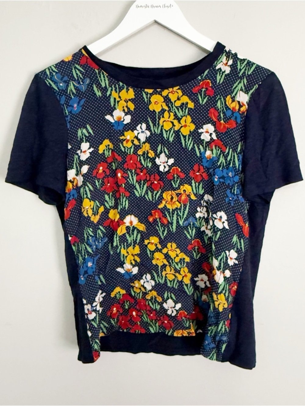 TORY BURCH Women’s Blue Linen Silk Floral Iris Polka Dot Print Tee Size Small